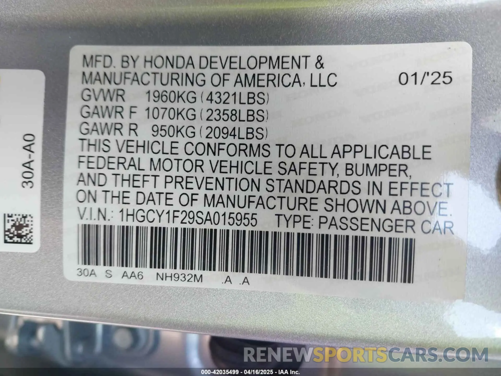 9 Photograph of a damaged car 1HGCY1F29SA015955 HONDA ACCORD 2025