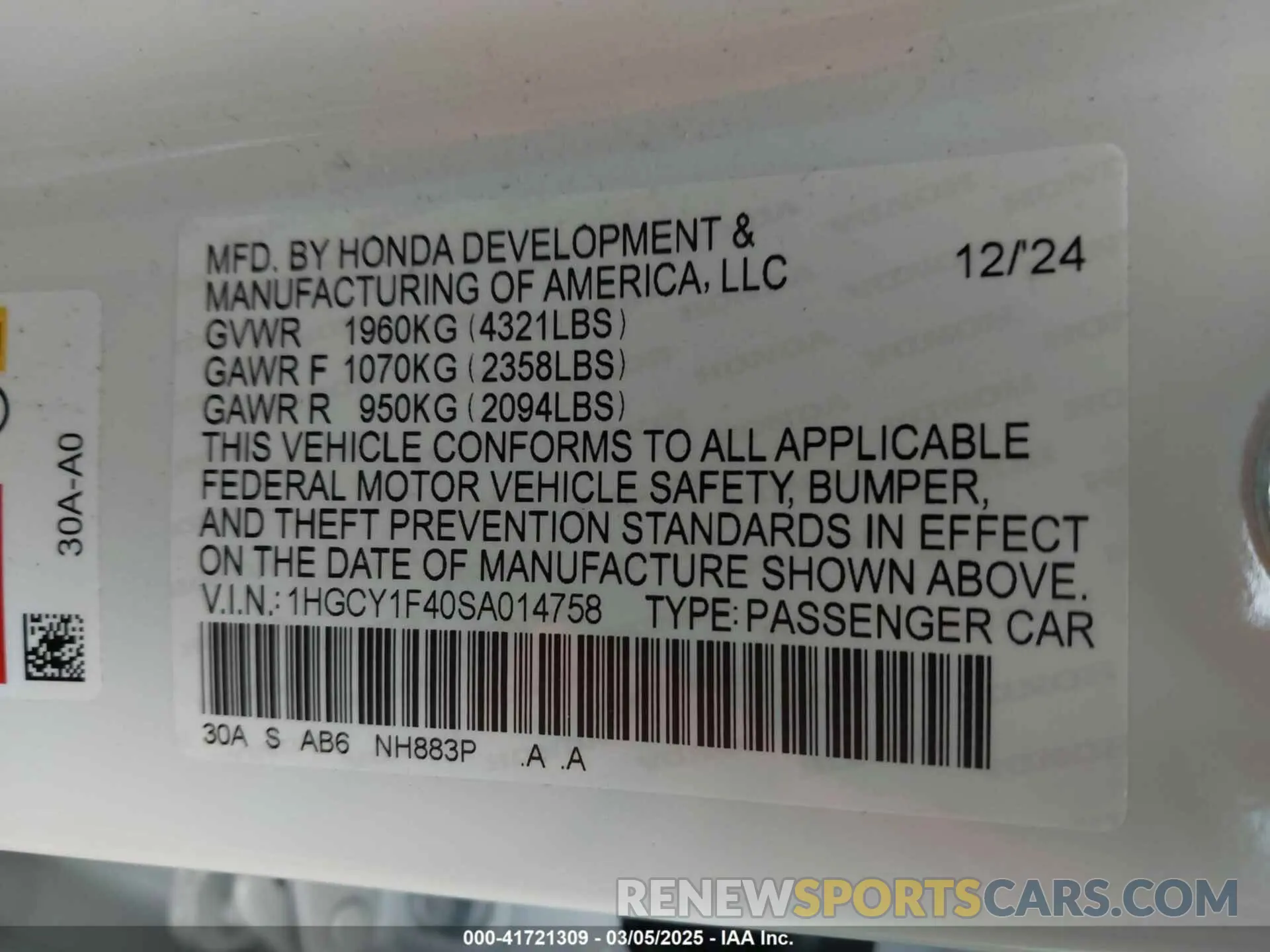 9 Photograph of a damaged car 1HGCY1F40SA014758 HONDA ACCORD 2025