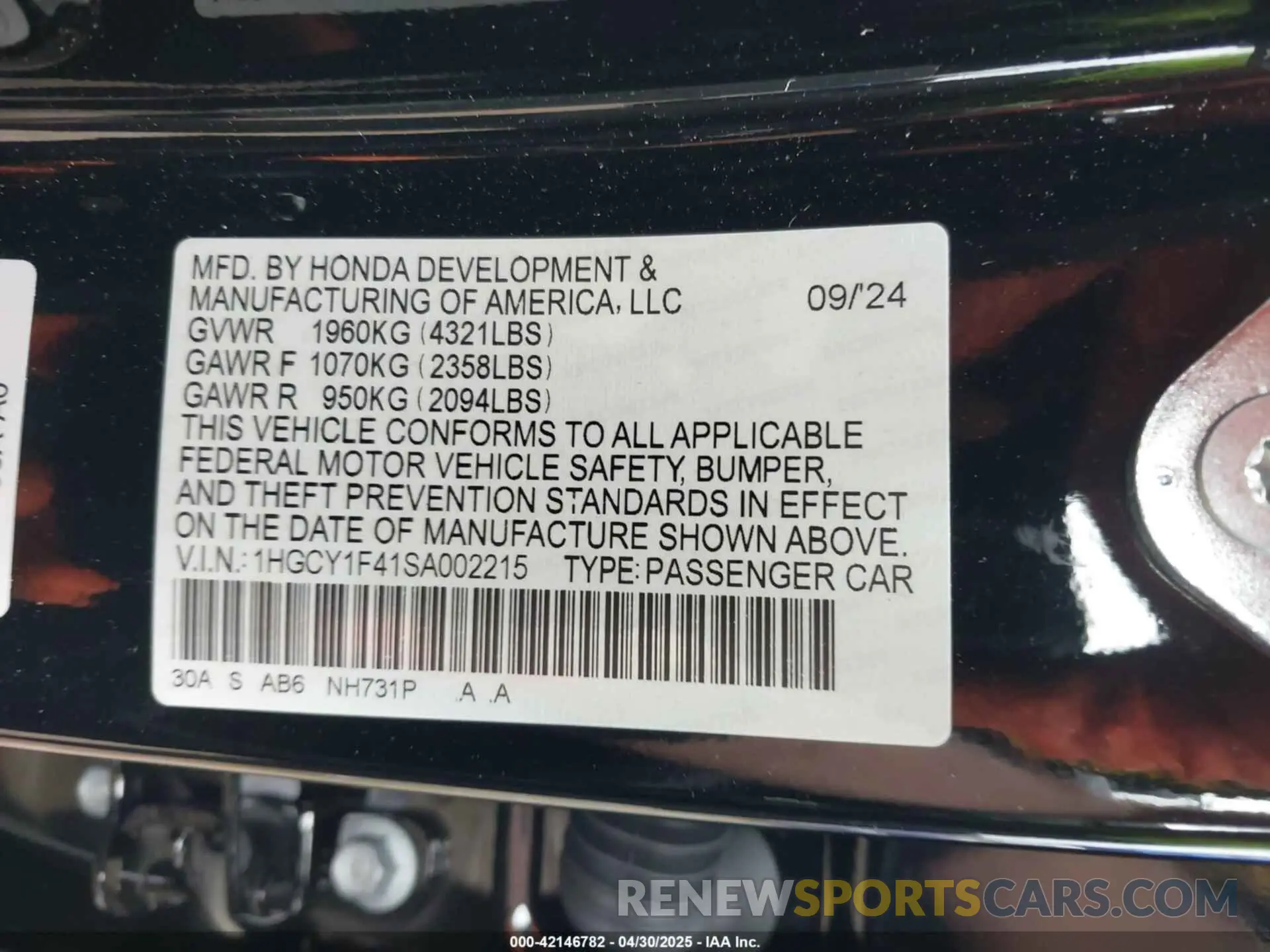 9 Photograph of a damaged car 1HGCY1F41SA002215 HONDA ACCORD 2025