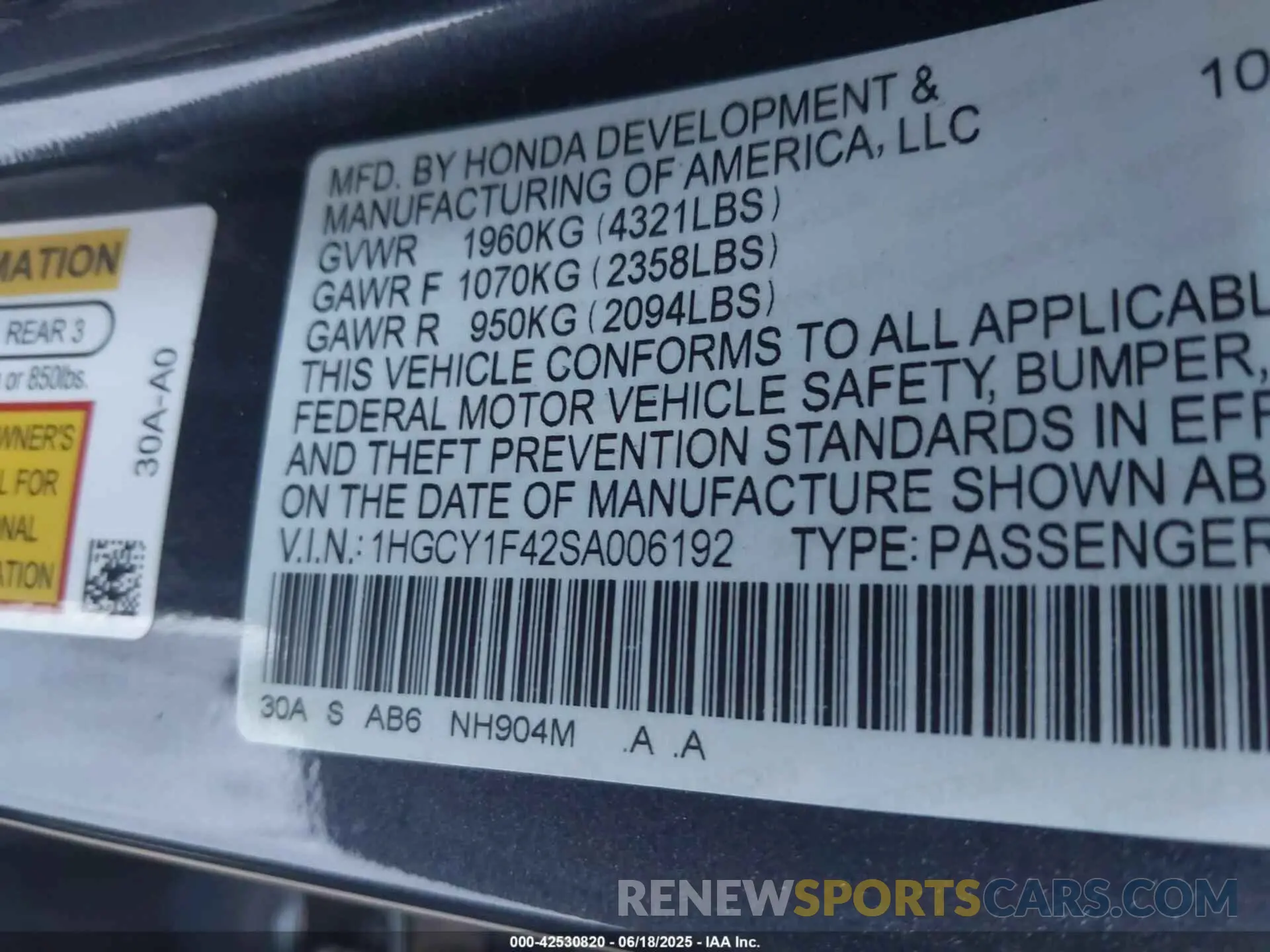 9 Photograph of a damaged car 1HGCY1F42SA006192 HONDA ACCORD 2025