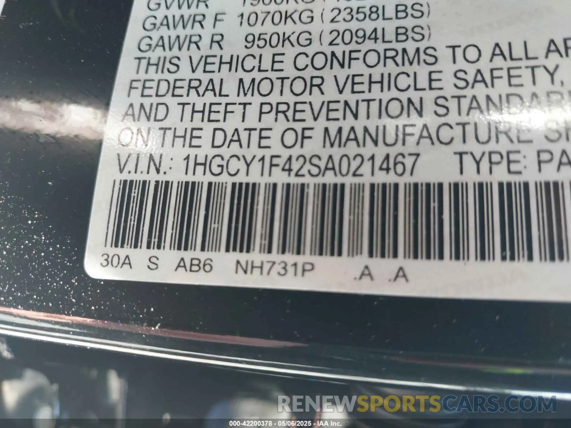 9 Photograph of a damaged car 1HGCY1F42SA021467 HONDA ACCORD 2025