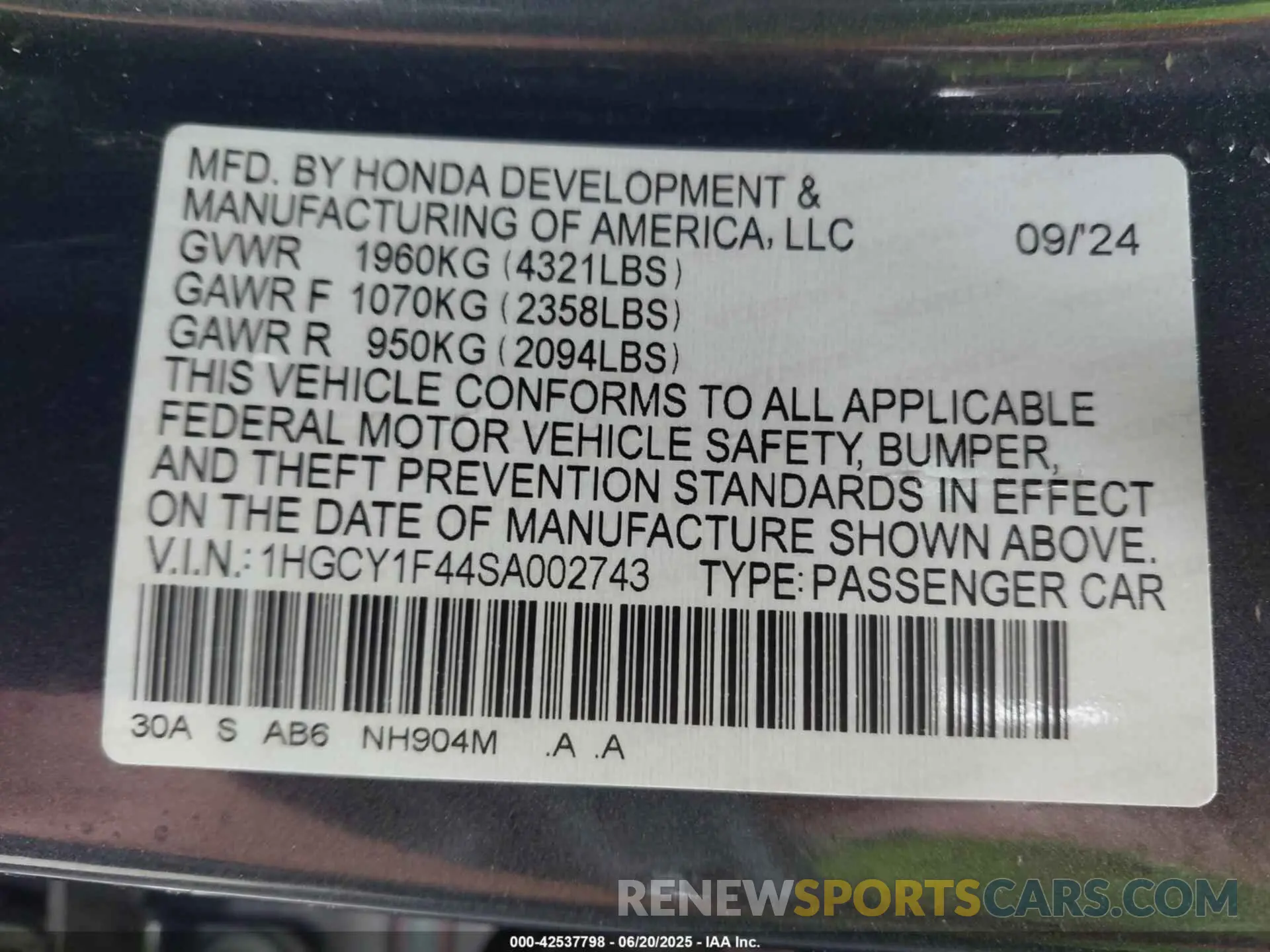 9 Photograph of a damaged car 1HGCY1F44SA002743 HONDA ACCORD 2025