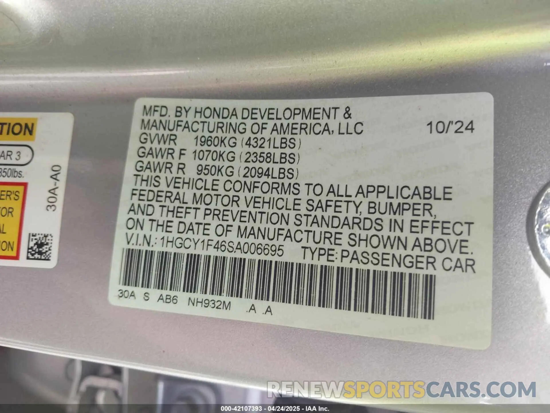 9 Photograph of a damaged car 1HGCY1F46SA006695 HONDA ACCORD 2025