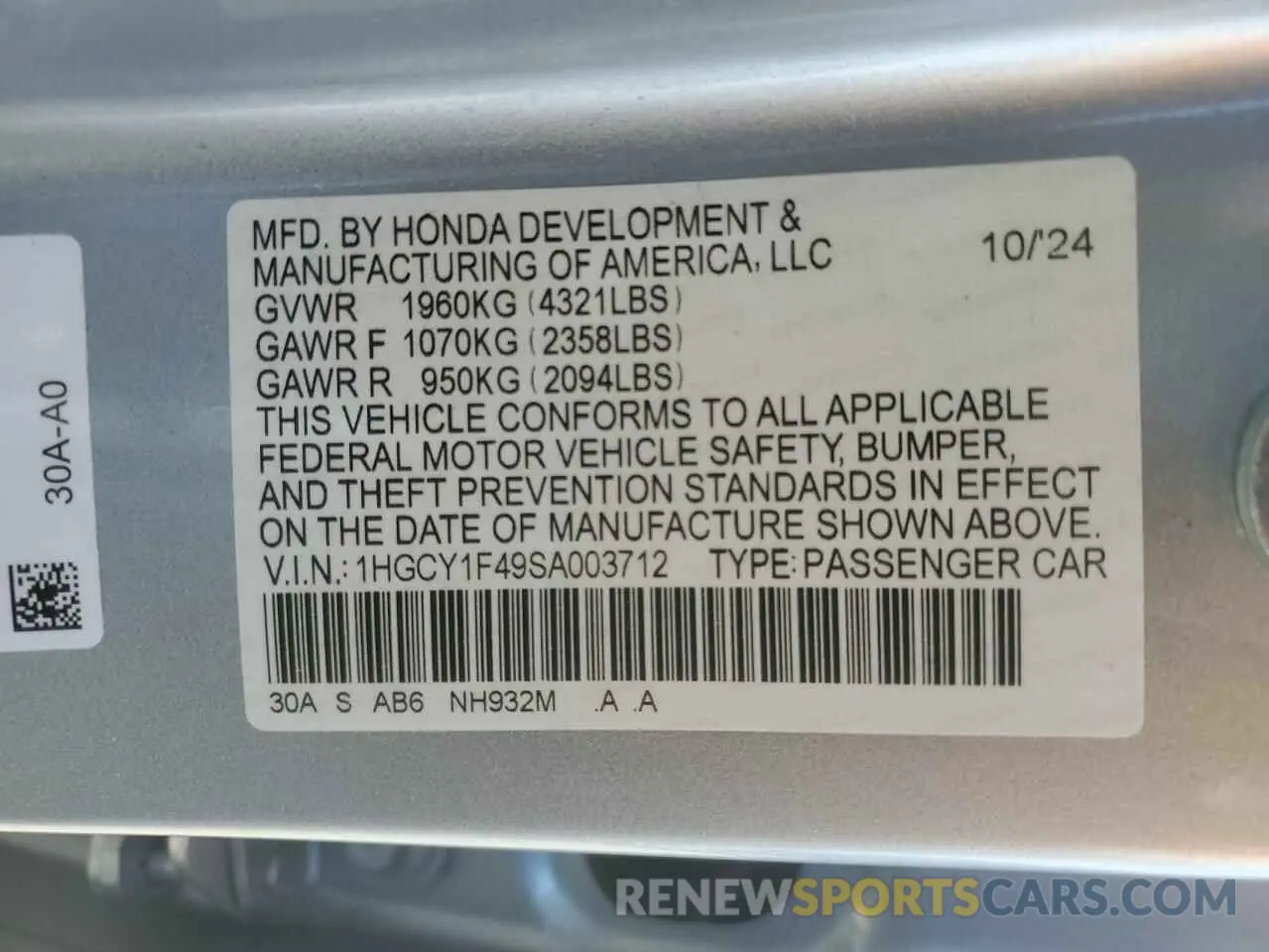 12 Photograph of a damaged car 1HGCY1F49SA003712 HONDA ACCORD 2025