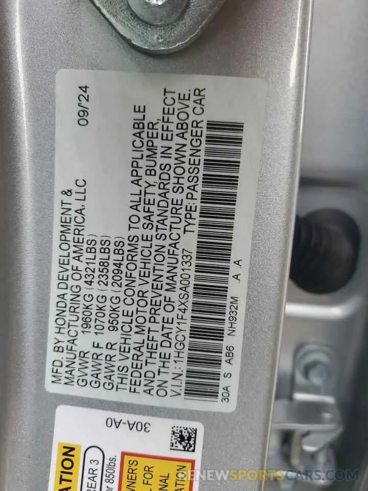 14 Photograph of a damaged car 1HGCY1F4XSA001337 HONDA ACCORD 2025