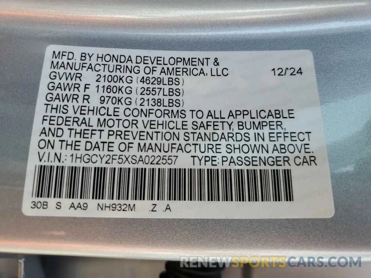 12 Photograph of a damaged car 1HGCY2F5XSA022557 HONDA ACCORD 2025