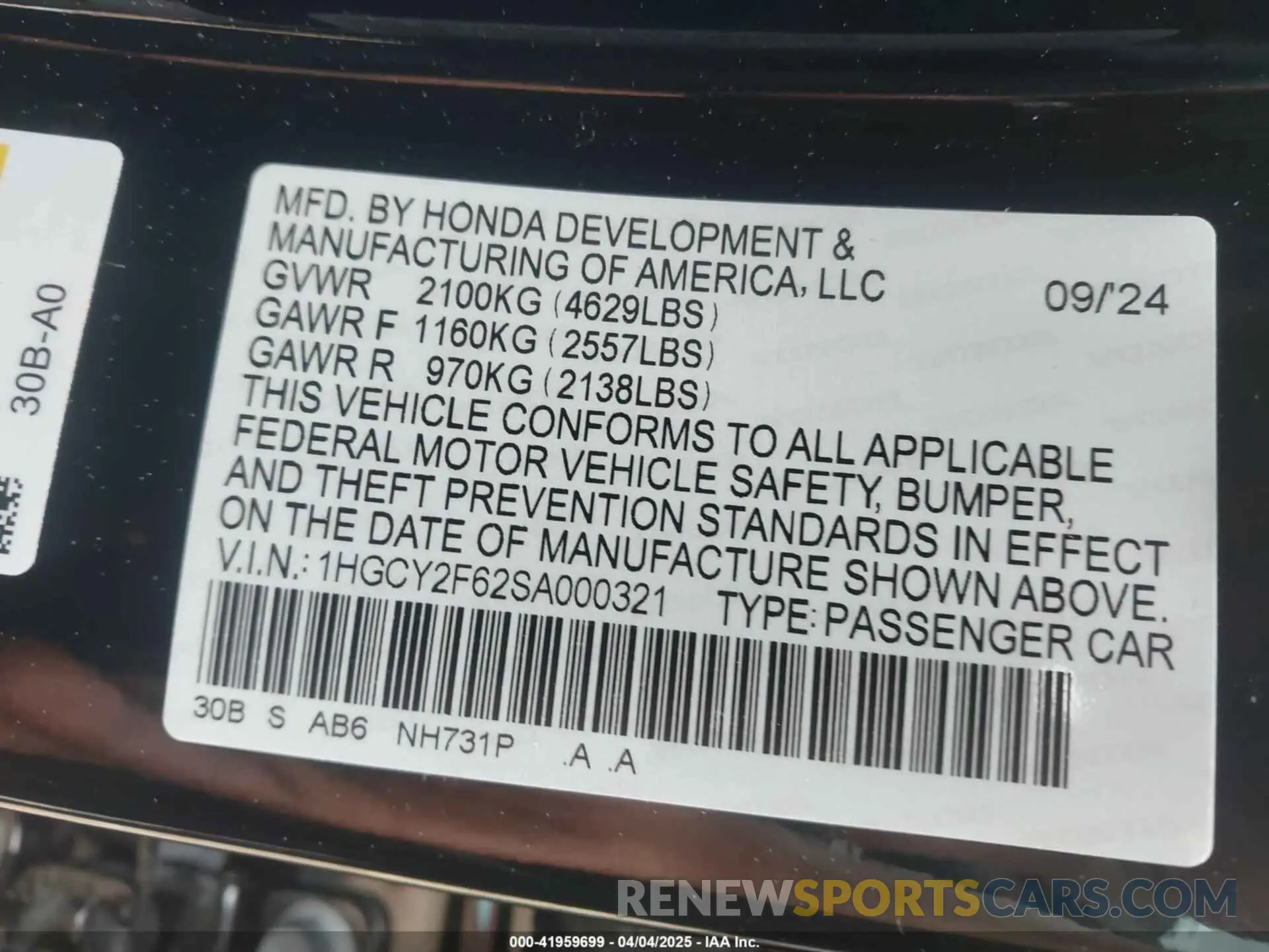 9 Photograph of a damaged car 1HGCY2F62SA000321 HONDA ACCORD 2025