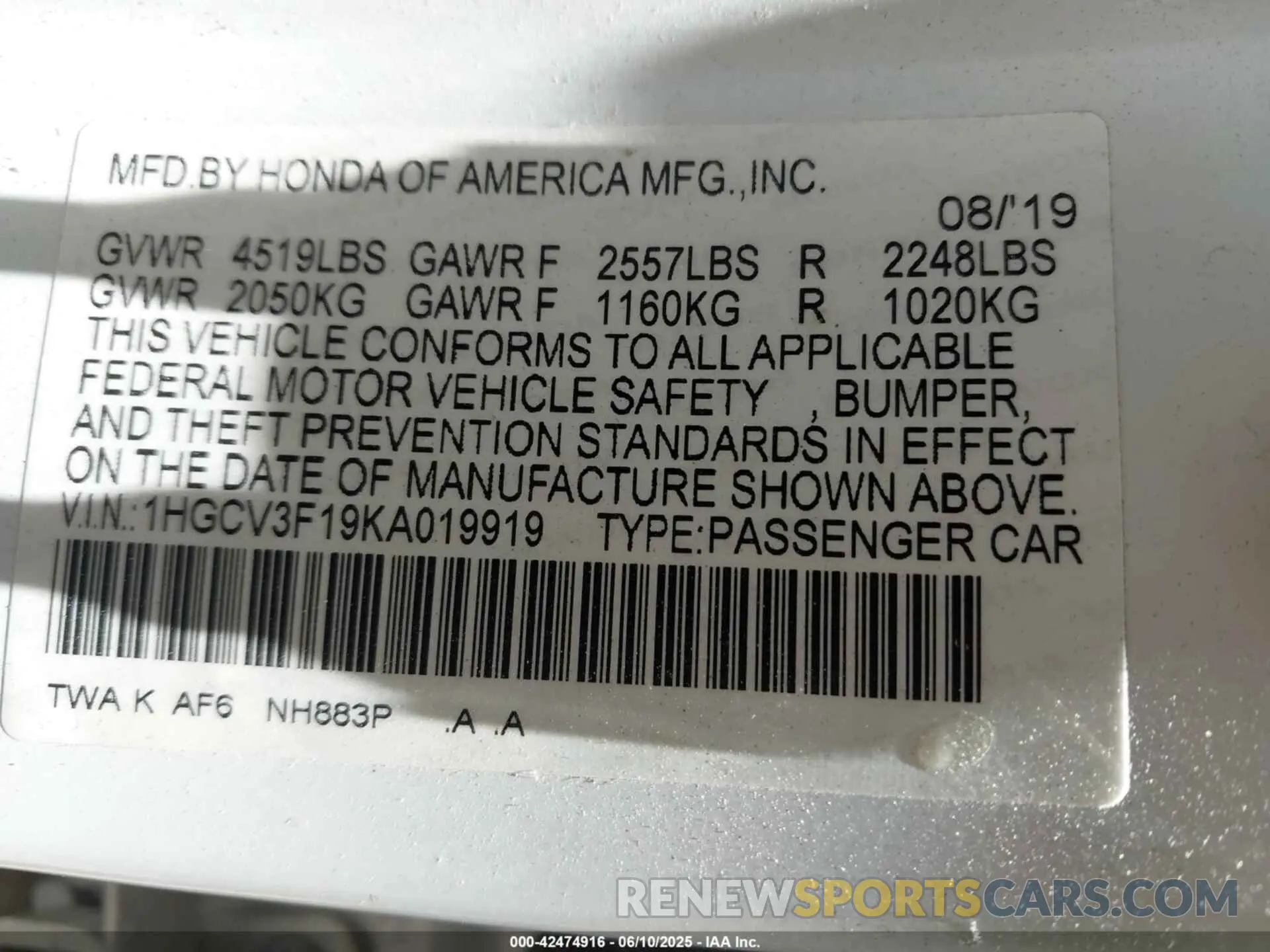 9 Photograph of a damaged car 1HGCV3F19KA019919 HONDA ACCORD HYBRID 2019