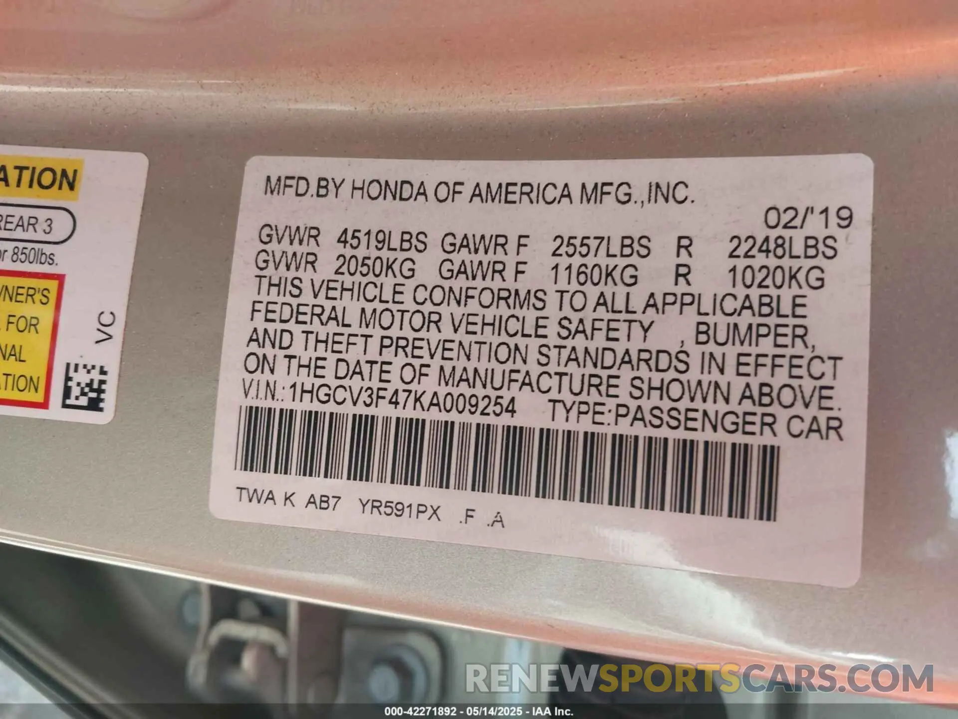 9 Photograph of a damaged car 1HGCV3F47KA009254 HONDA ACCORD HYBRID 2019