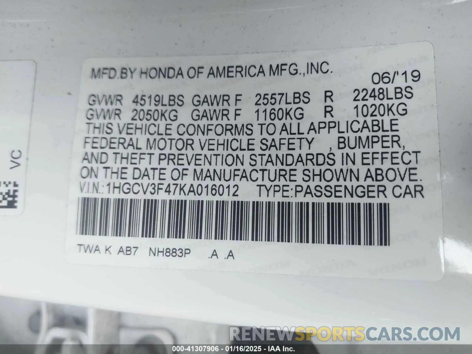 9 Photograph of a damaged car 1HGCV3F47KA016012 HONDA ACCORD HYBRID 2019