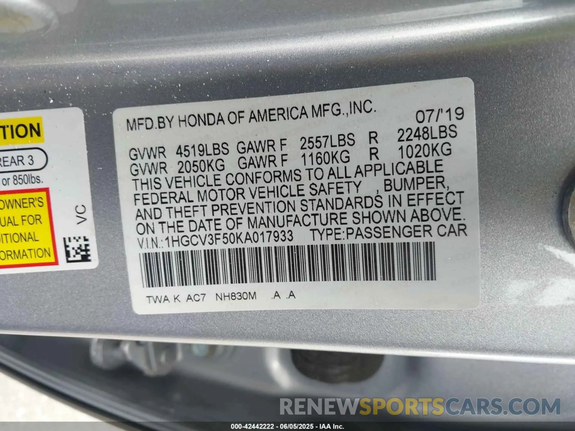 9 Photograph of a damaged car 1HGCV3F50KA017933 HONDA ACCORD HYBRID 2019
