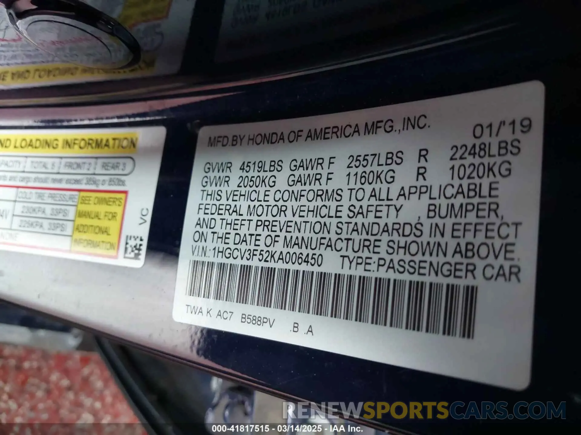 9 Photograph of a damaged car 1HGCV3F52KA006450 HONDA ACCORD HYBRID 2019