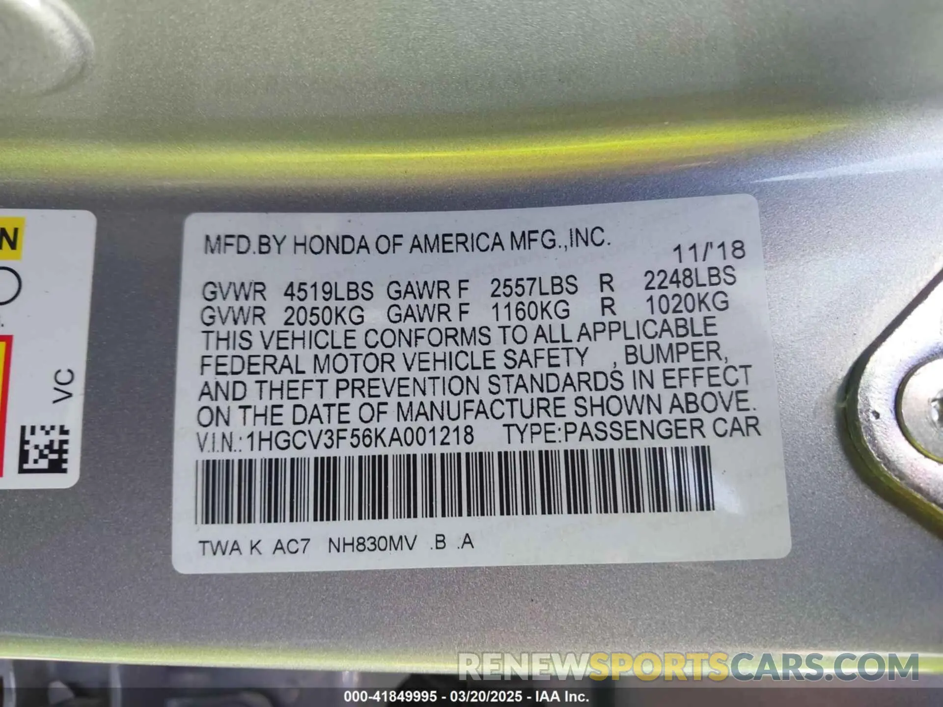 9 Photograph of a damaged car 1HGCV3F56KA001218 HONDA ACCORD HYBRID 2019