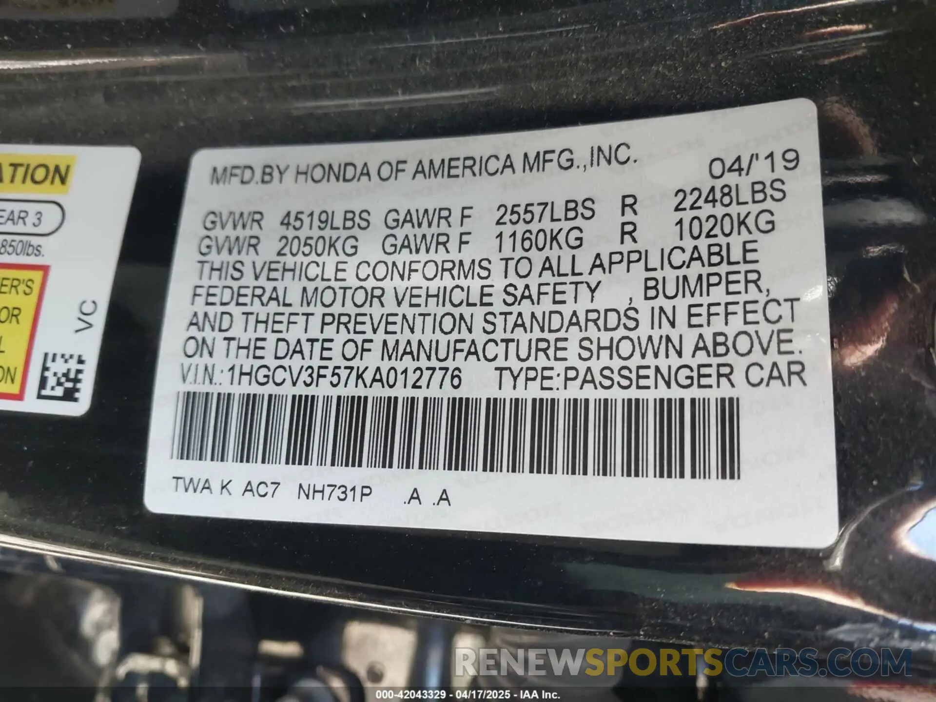 9 Photograph of a damaged car 1HGCV3F57KA012776 HONDA ACCORD HYBRID 2019