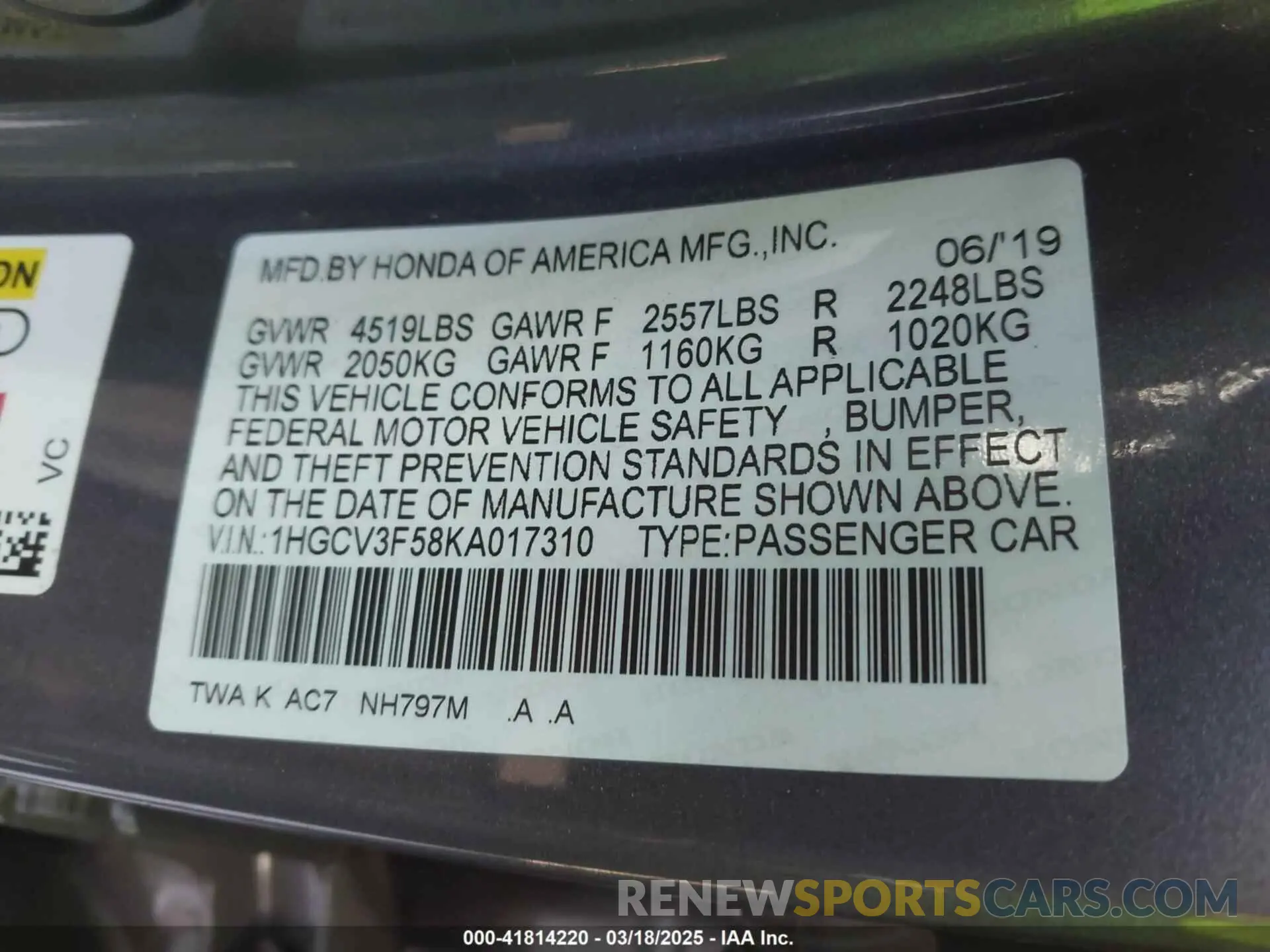 9 Photograph of a damaged car 1HGCV3F58KA017310 HONDA ACCORD HYBRID 2019