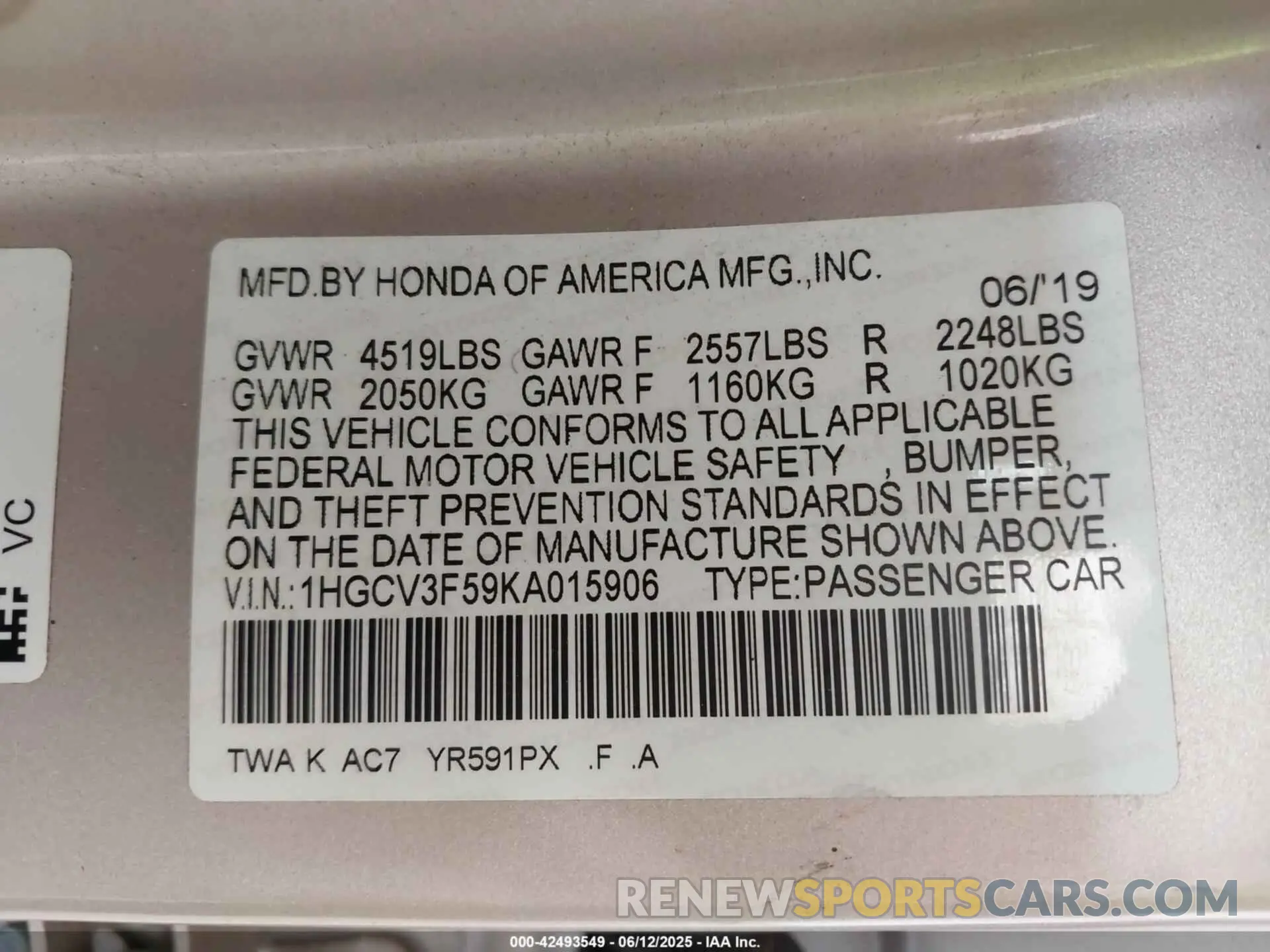 9 Photograph of a damaged car 1HGCV3F59KA015906 HONDA ACCORD HYBRID 2019