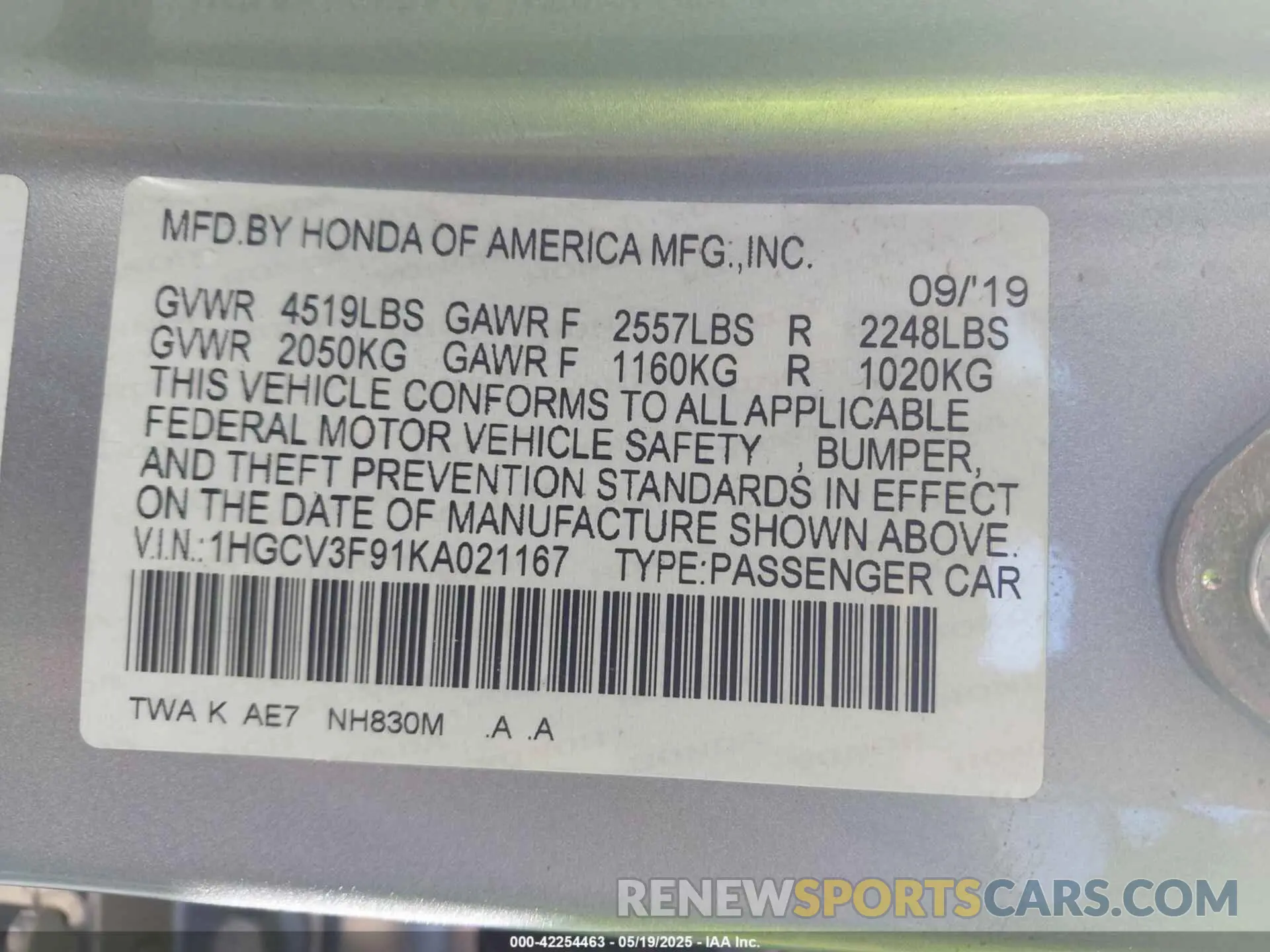 9 Photograph of a damaged car 1HGCV3F91KA021167 HONDA ACCORD HYBRID 2019
