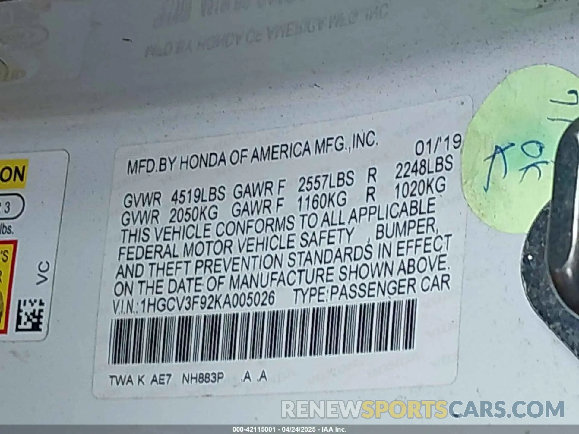 9 Photograph of a damaged car 1HGCV3F92KA005026 HONDA ACCORD HYBRID 2019
