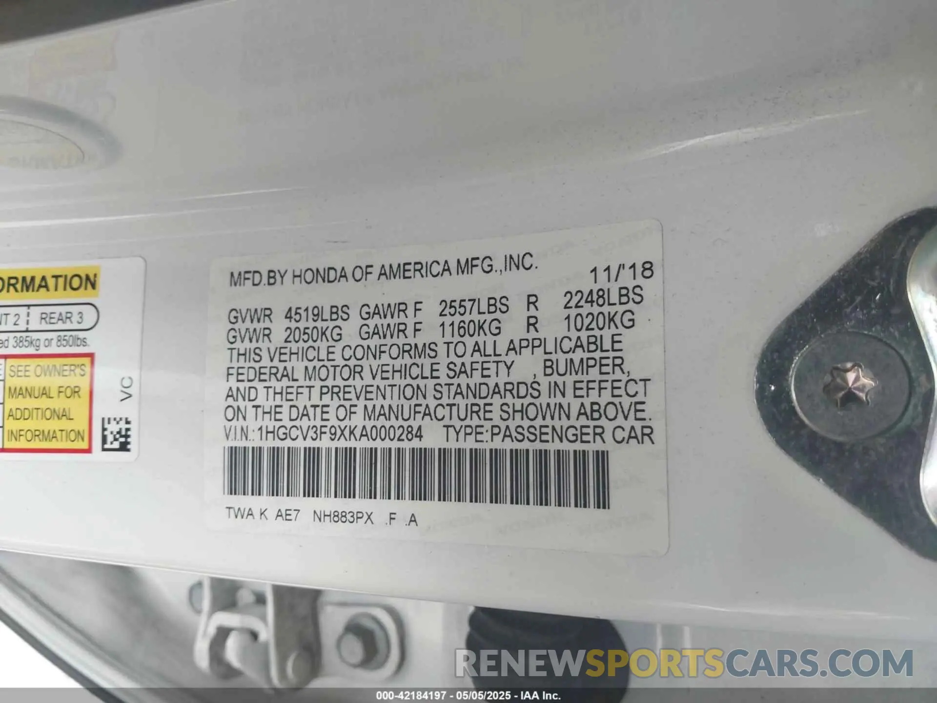 9 Photograph of a damaged car 1HGCV3F9XKA000284 HONDA ACCORD HYBRID 2019