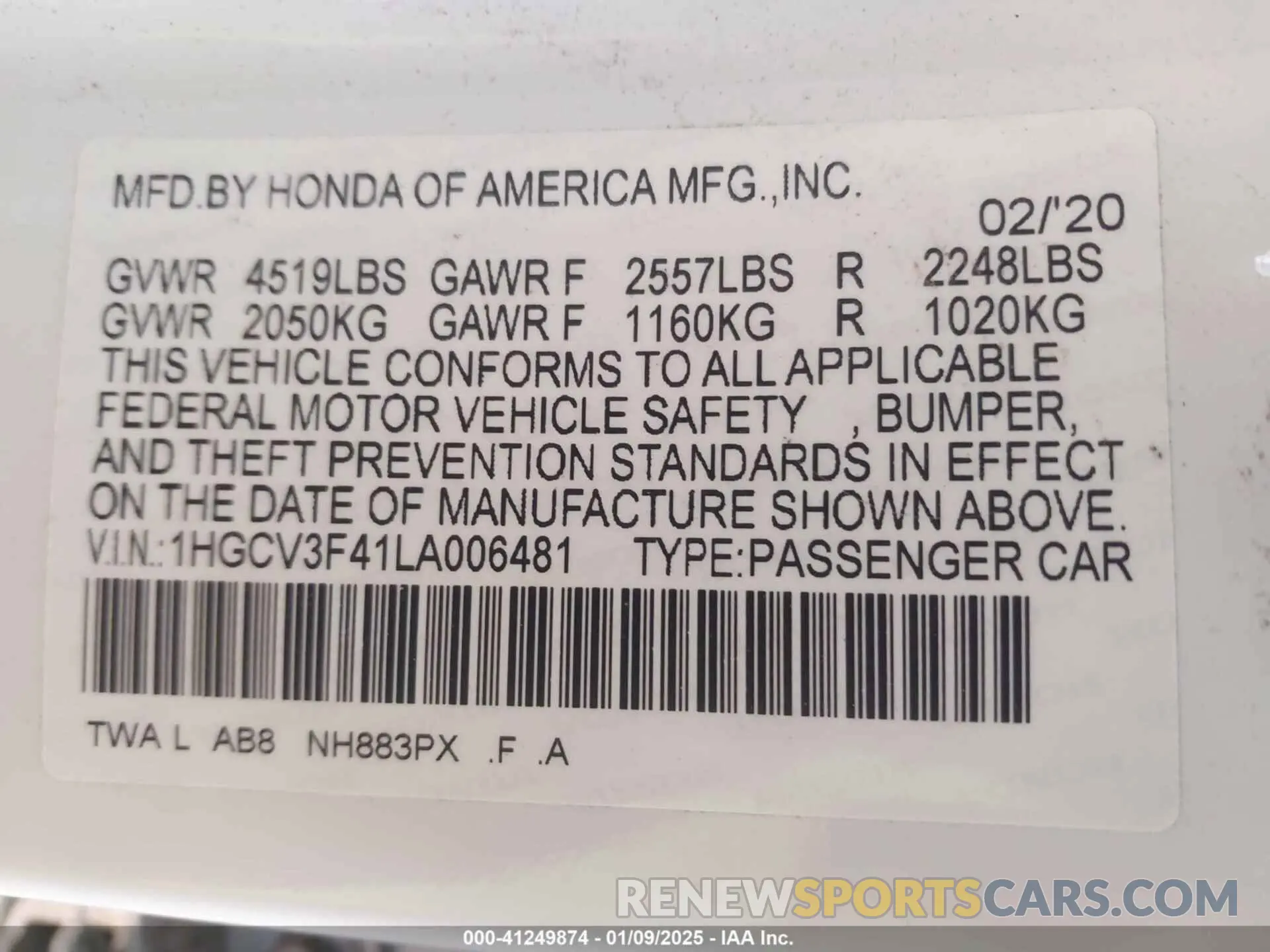 9 Photograph of a damaged car 1HGCV3F41LA006481 HONDA ACCORD HYBRID 2020