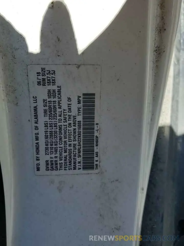 14 Photograph of a damaged car 5FNRL6H22KB016888 HONDA All Models 2019