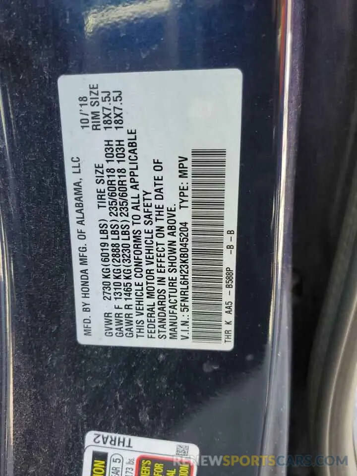 13 Photograph of a damaged car 5FNRL6H23KB045204 HONDA All Models 2019