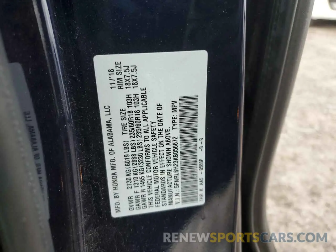 14 Photograph of a damaged car 5FNRL6H23KB056672 HONDA All Models 2019
