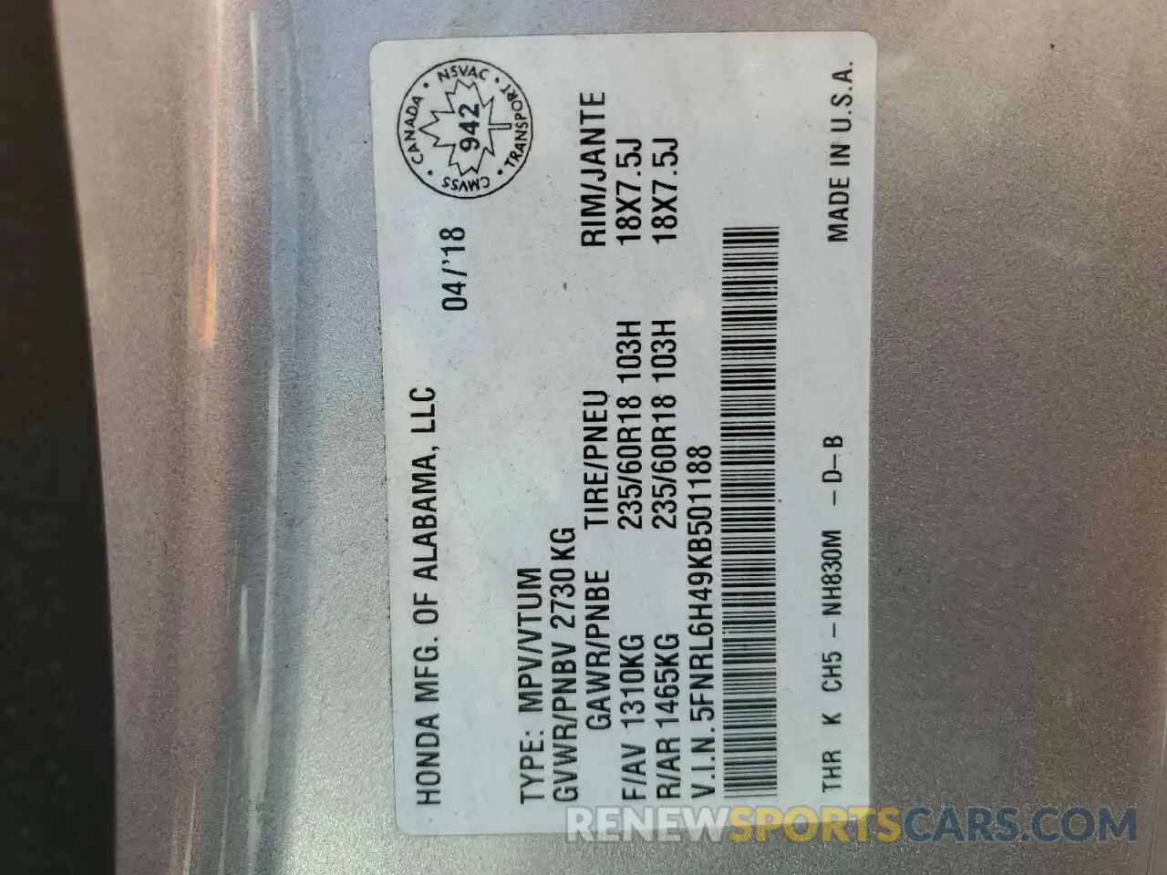 14 Photograph of a damaged car 5FNRL6H49KB501188 HONDA All Models 2019