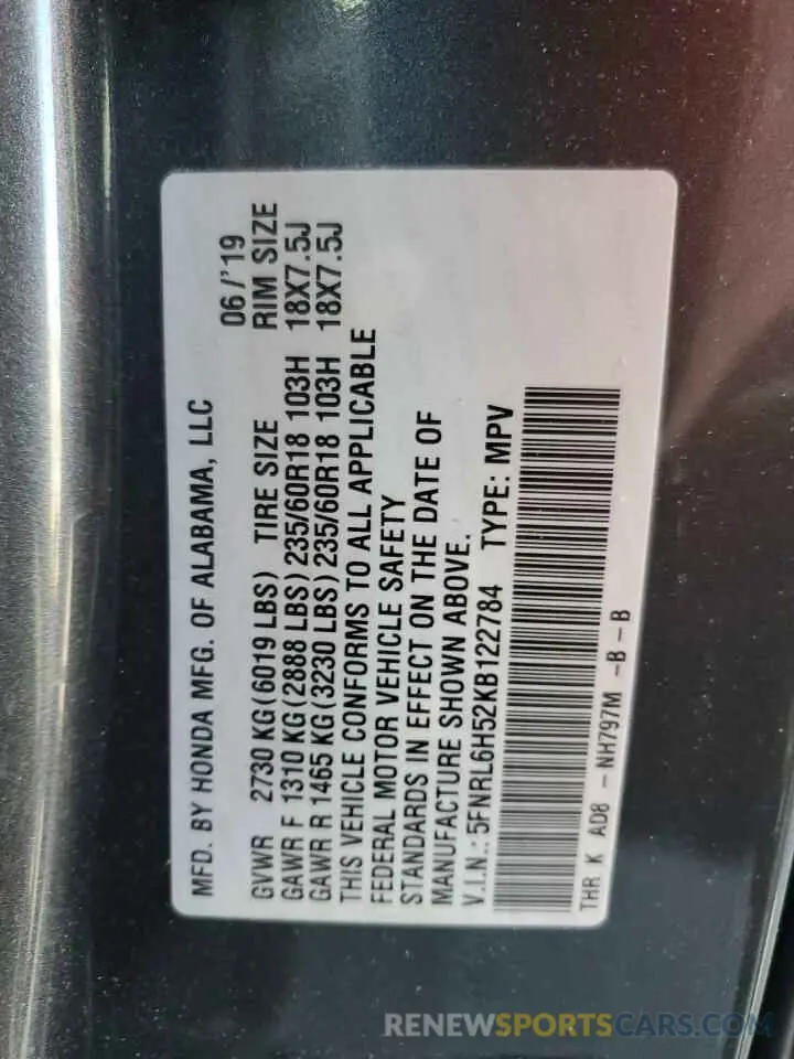 13 Photograph of a damaged car 5FNRL6H52KB122784 HONDA All Models 2019