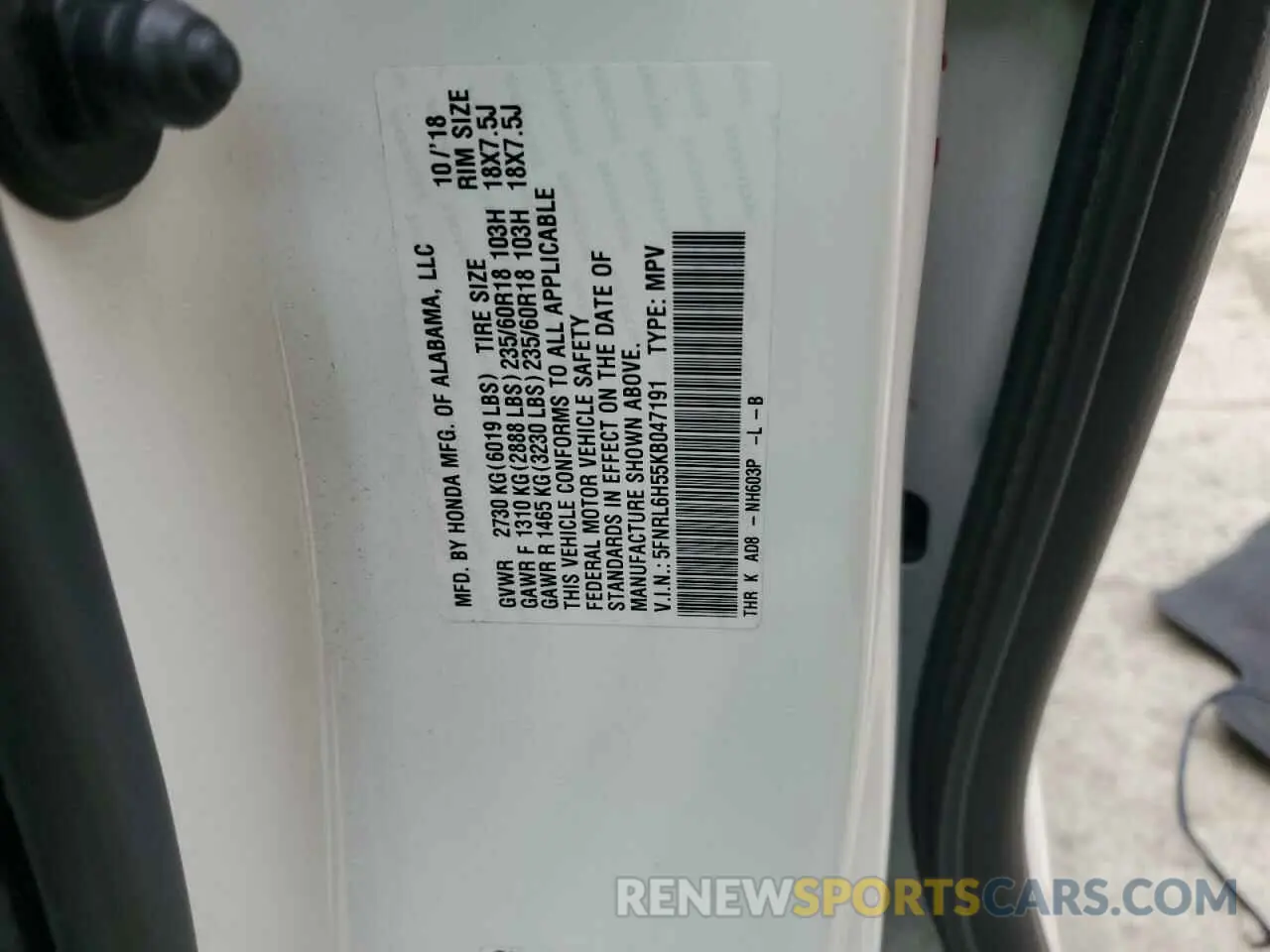 12 Photograph of a damaged car 5FNRL6H55KB047191 HONDA All Models 2019