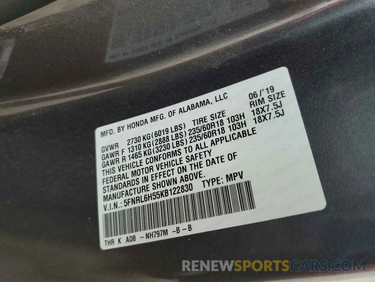 13 Photograph of a damaged car 5FNRL6H55KB122830 HONDA All Models 2019