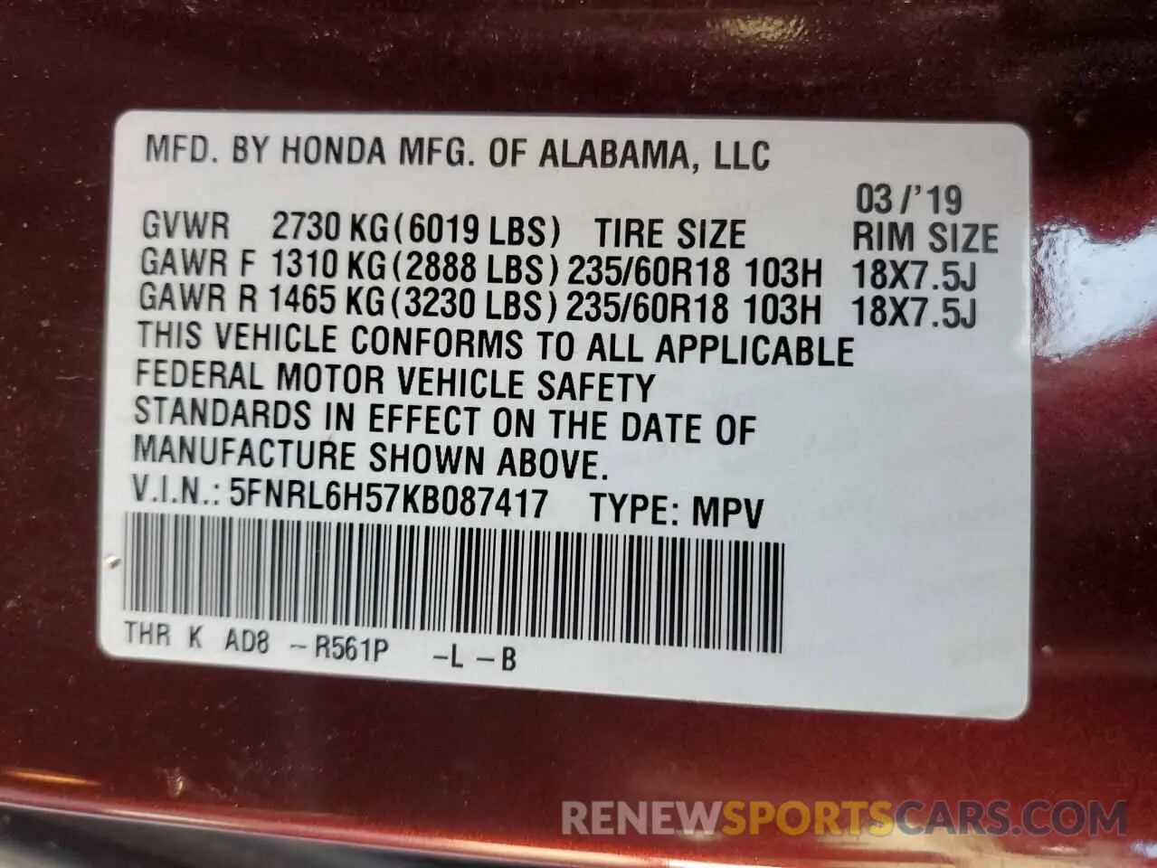 13 Photograph of a damaged car 5FNRL6H57KB087417 HONDA All Models 2019