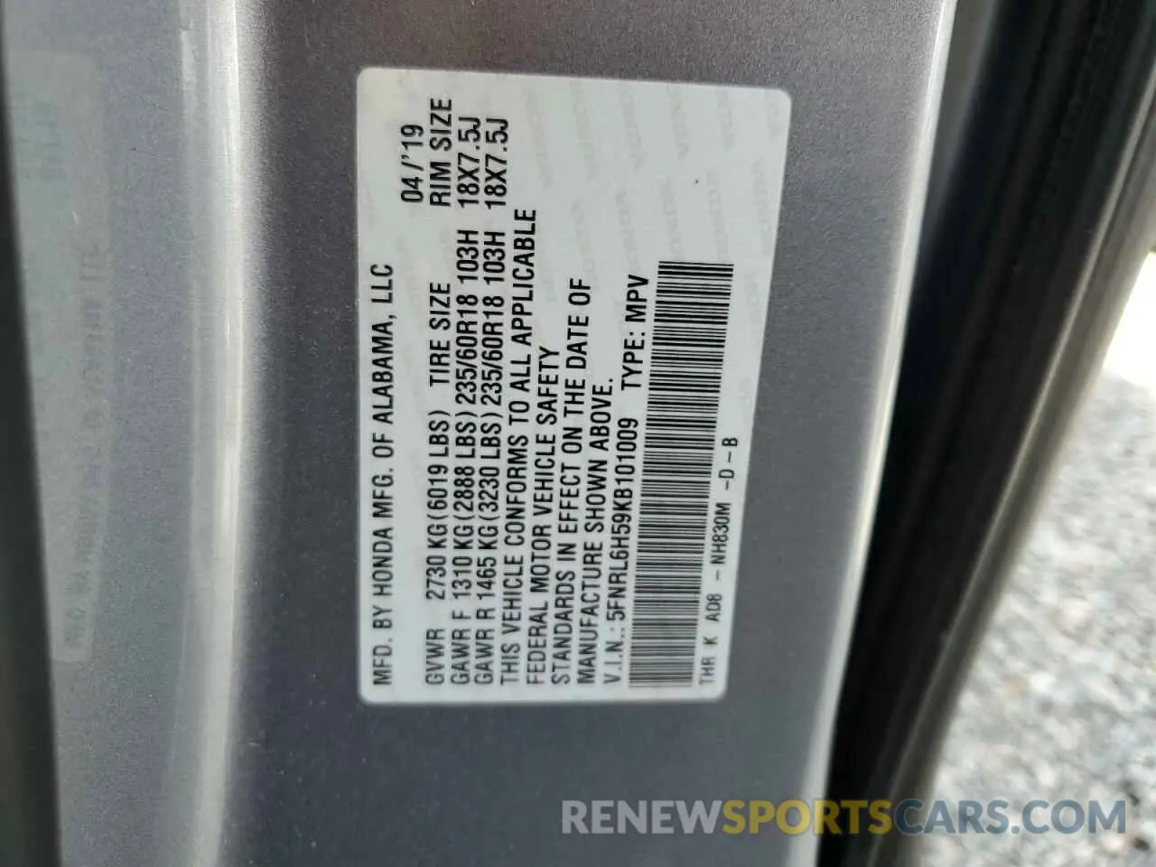 13 Photograph of a damaged car 5FNRL6H59KB101009 HONDA All Models 2019