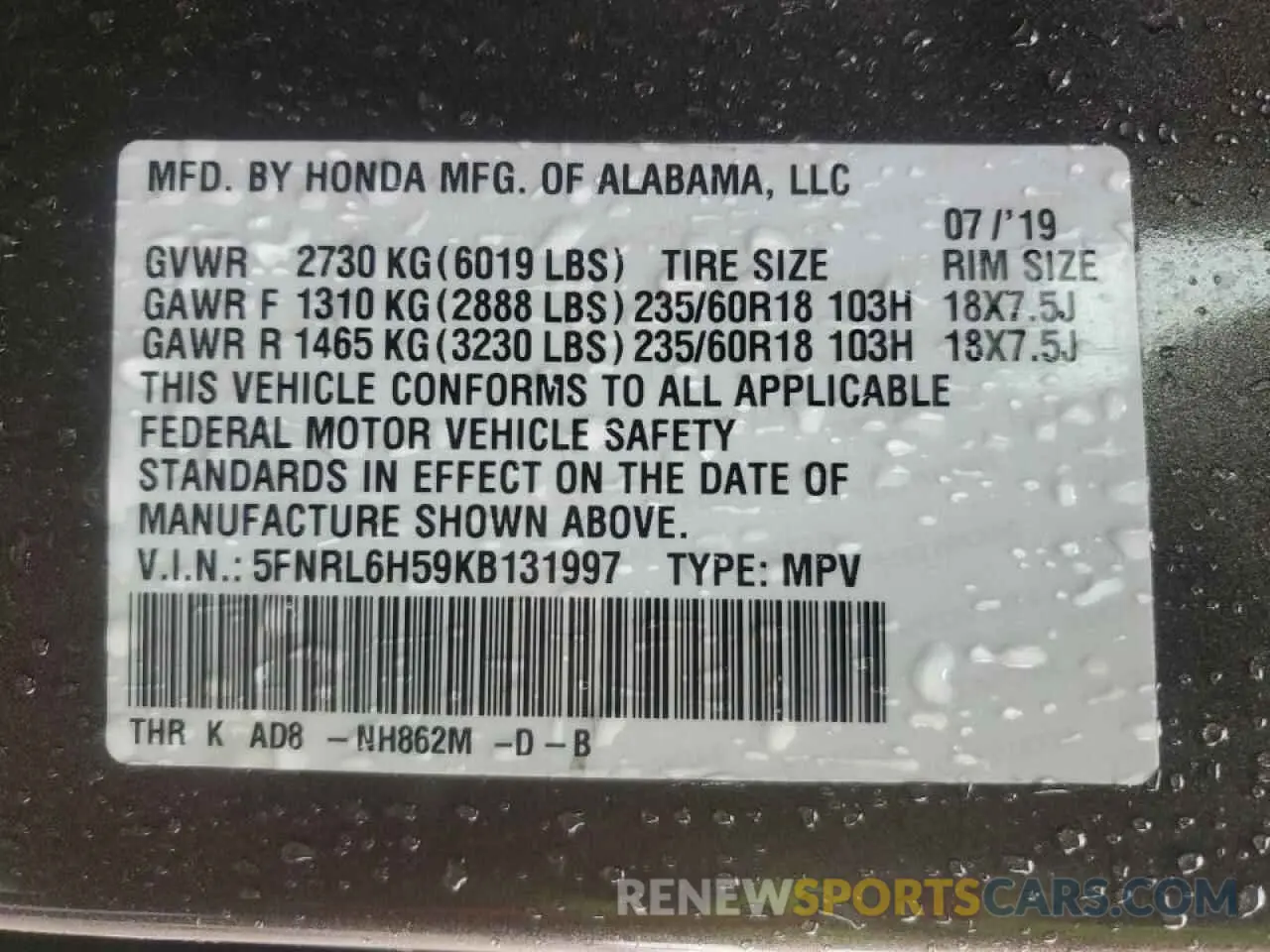 13 Photograph of a damaged car 5FNRL6H59KB131997 HONDA All Models 2019