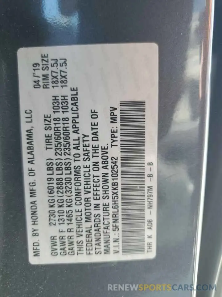 13 Photograph of a damaged car 5FNRL6H5XKB102542 HONDA All Models 2019