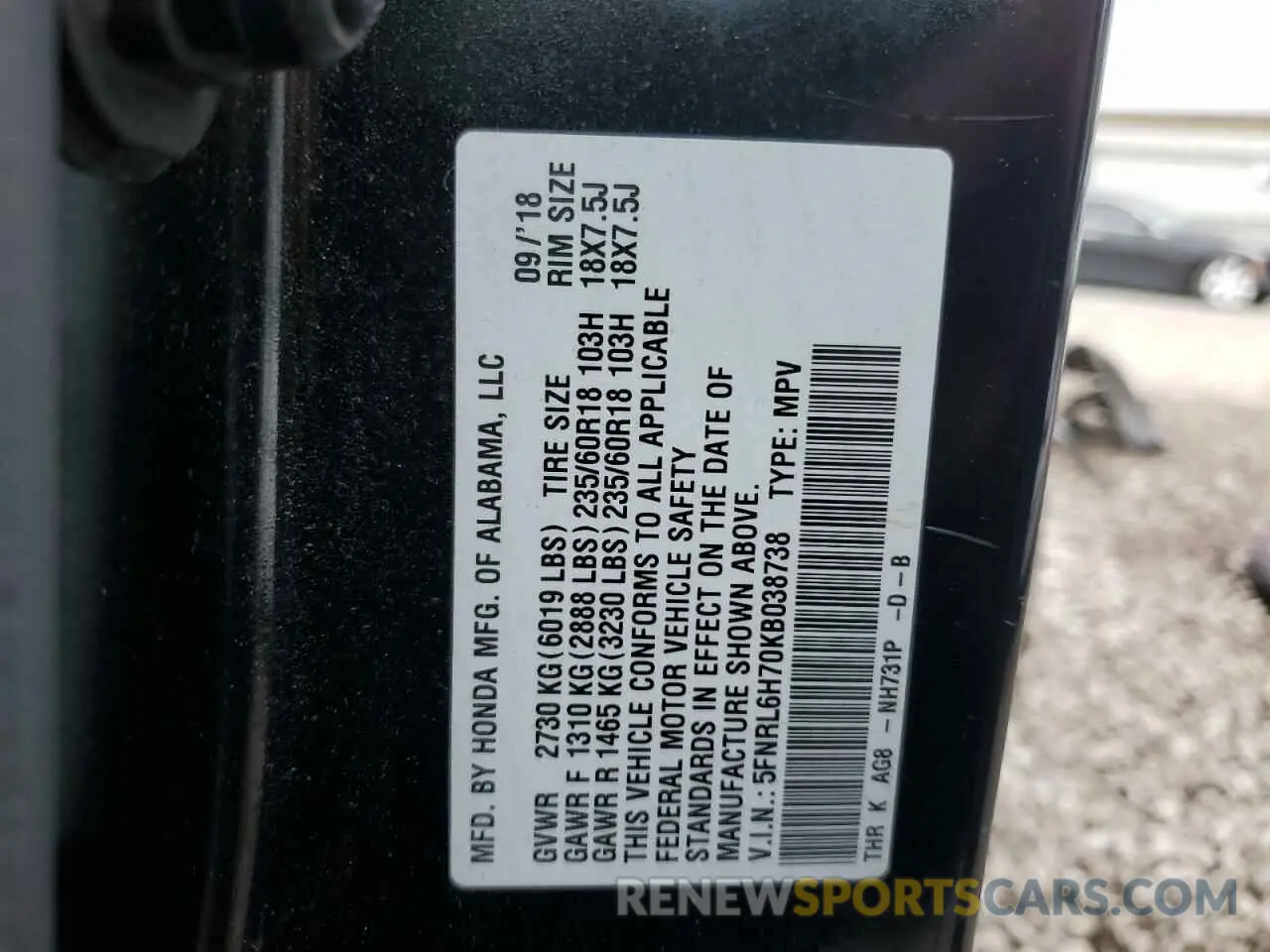 14 Photograph of a damaged car 5FNRL6H70KB038738 HONDA All Models 2019