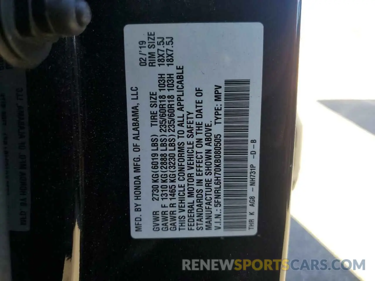 13 Photograph of a damaged car 5FNRL6H70KB080505 HONDA All Models 2019