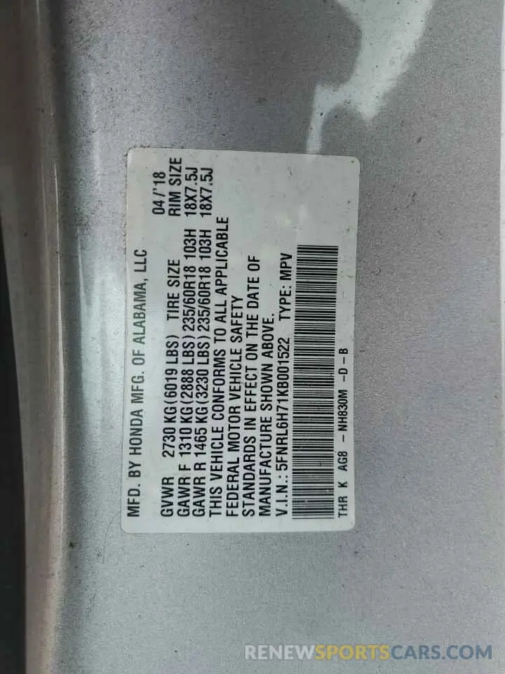 13 Photograph of a damaged car 5FNRL6H71KB001522 HONDA All Models 2019
