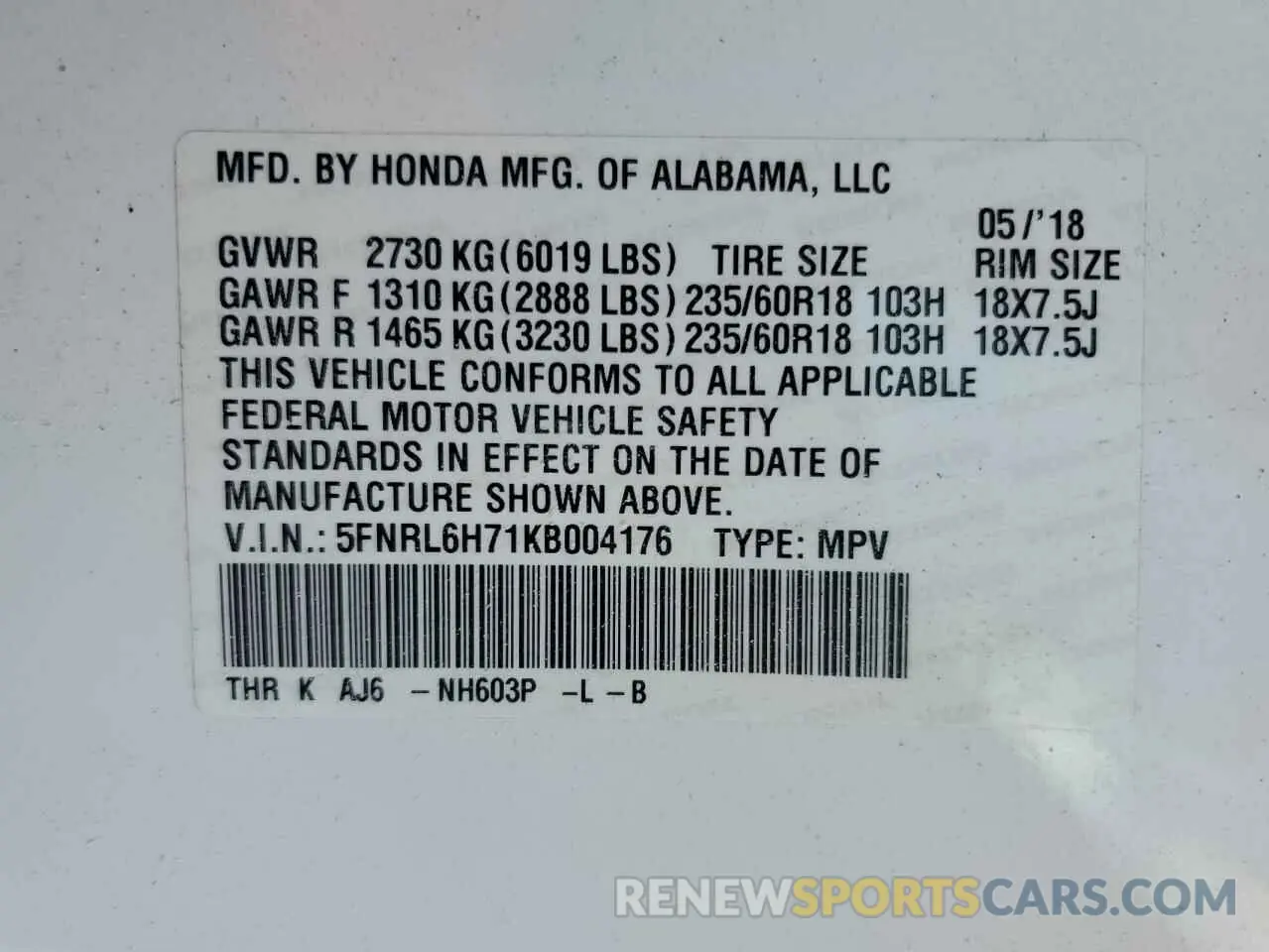 16 Photograph of a damaged car 5FNRL6H71KB004176 HONDA All Models 2019