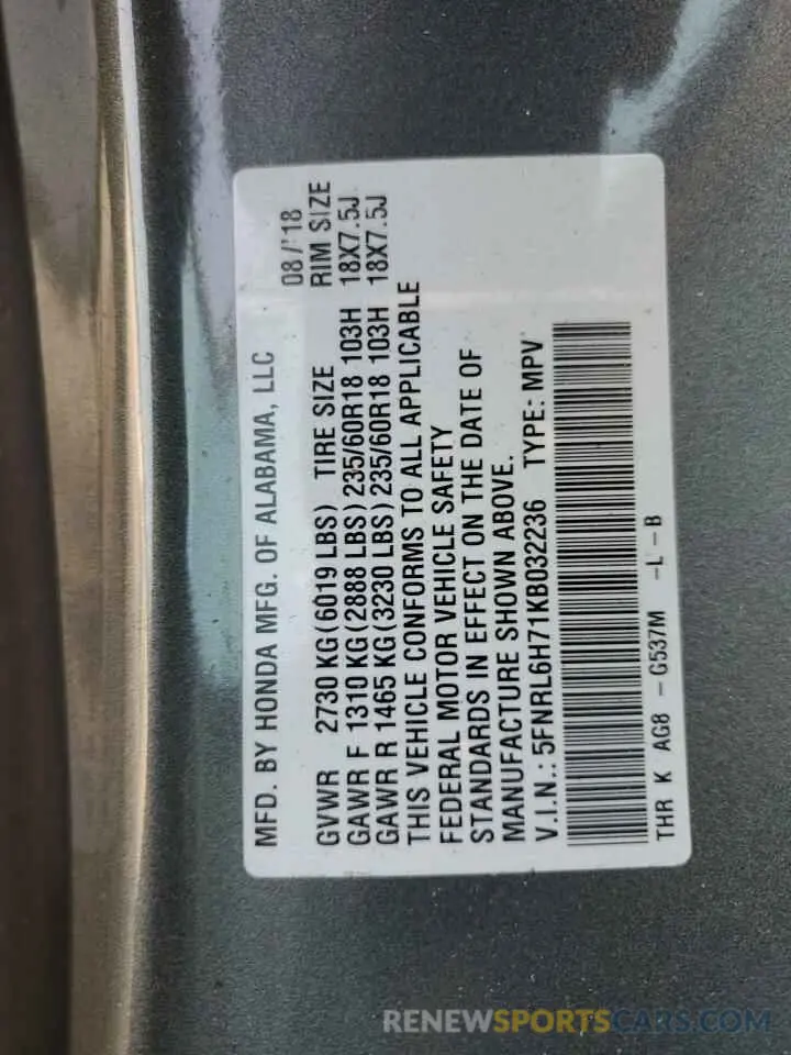 14 Photograph of a damaged car 5FNRL6H71KB032236 HONDA All Models 2019