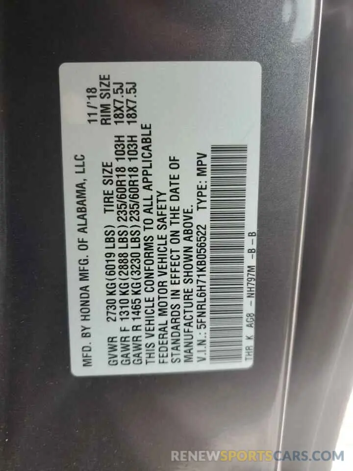 13 Photograph of a damaged car 5FNRL6H71KB056522 HONDA All Models 2019