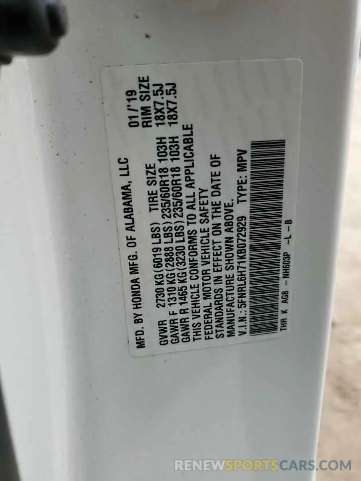 13 Photograph of a damaged car 5FNRL6H71KB072929 HONDA All Models 2019