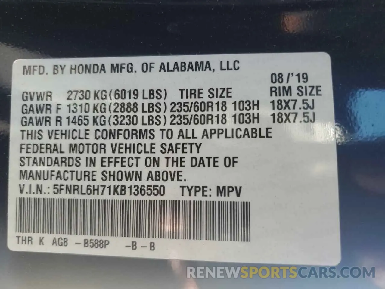 13 Photograph of a damaged car 5FNRL6H71KB136550 HONDA All Models 2019