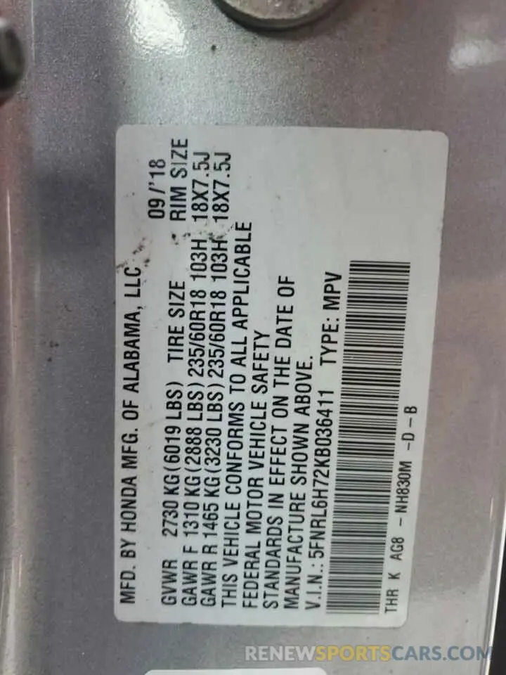 15 Photograph of a damaged car 5FNRL6H72KB036411 HONDA All Models 2019