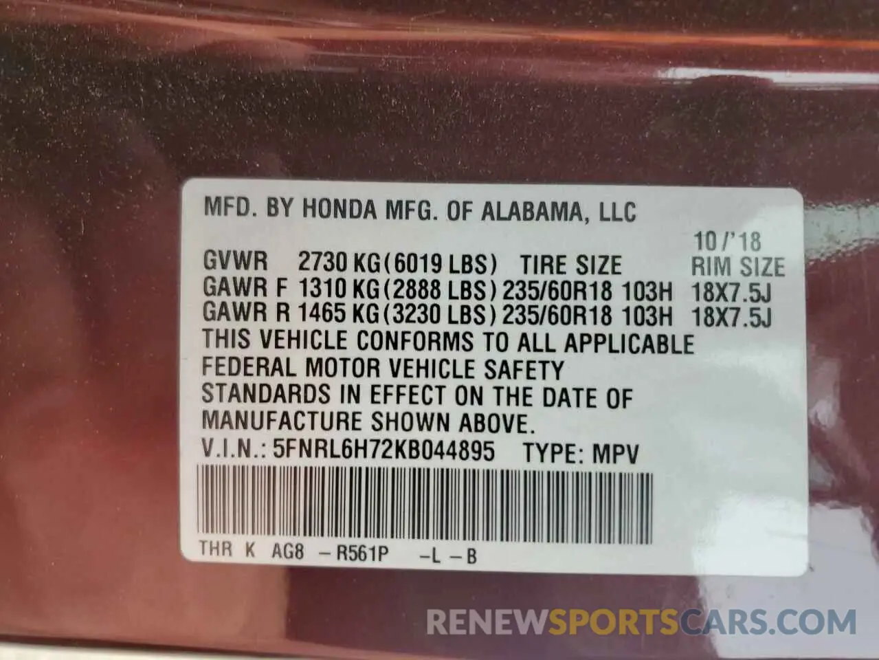 13 Photograph of a damaged car 5FNRL6H72KB044895 HONDA All Models 2019
