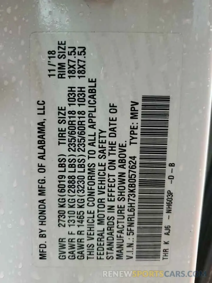 13 Photograph of a damaged car 5FNRL6H73KB057624 HONDA All Models 2019