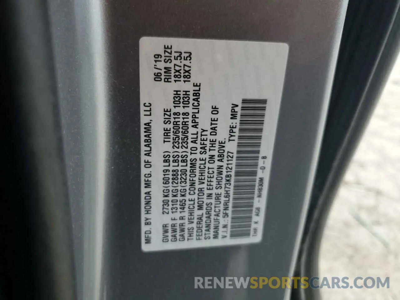 13 Photograph of a damaged car 5FNRL6H73KB121127 HONDA All Models 2019