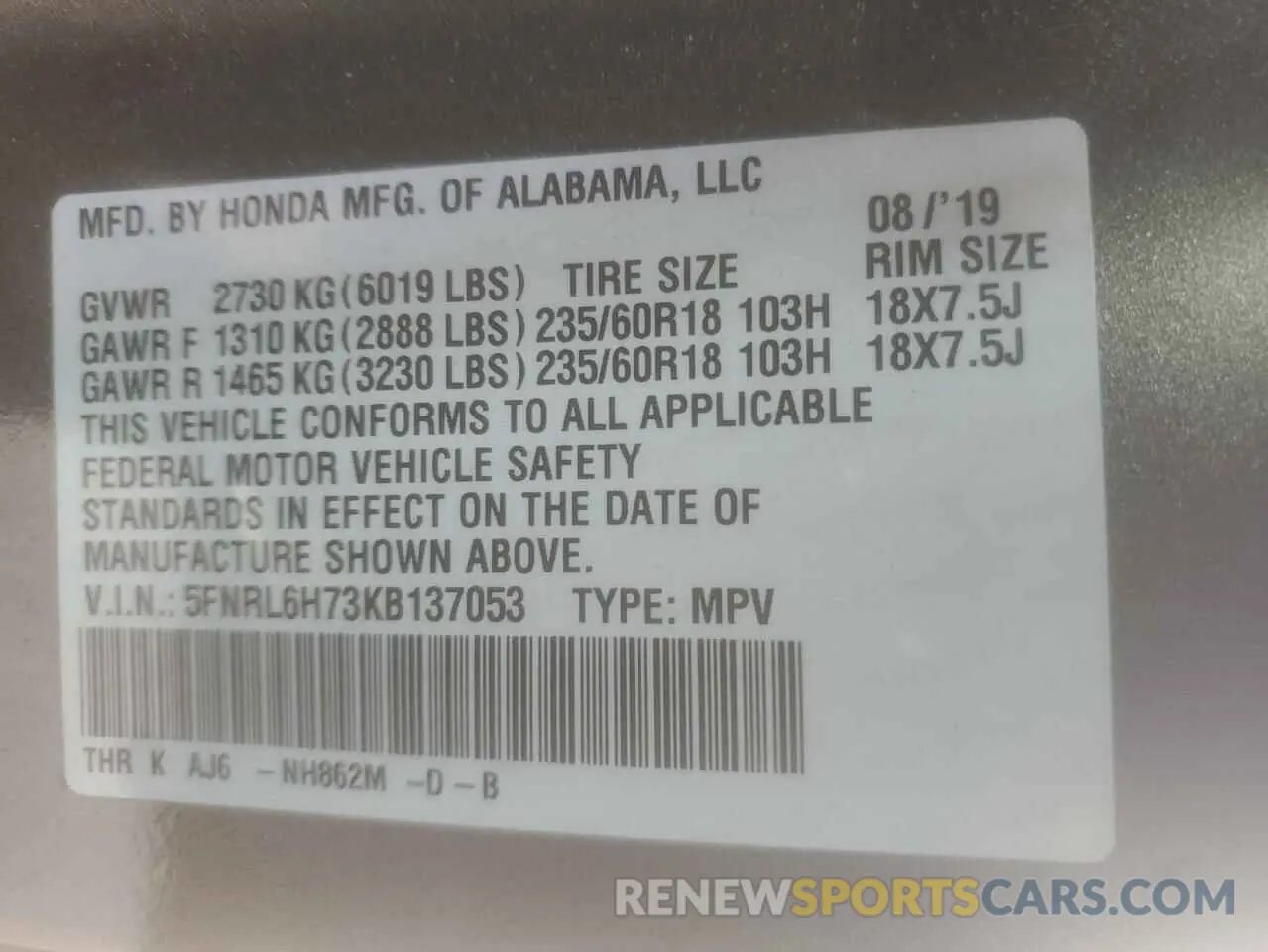 13 Photograph of a damaged car 5FNRL6H73KB137053 HONDA All Models 2019