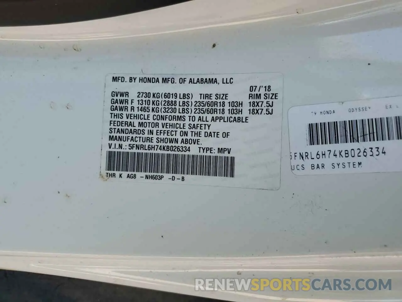 13 Photograph of a damaged car 5FNRL6H74KB026334 HONDA All Models 2019