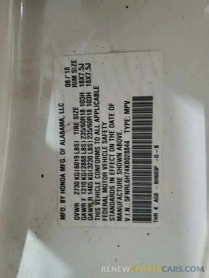 14 Photograph of a damaged car 5FNRL6H74KB028844 HONDA All Models 2019